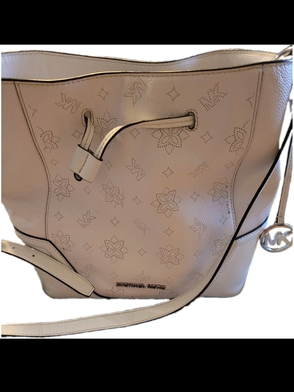 Michael Kors White Perforated Logo Bucket Bag Shoulder Purse Gold MK Charm